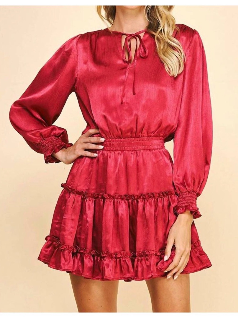 Pinch Red Satin Tiered Ruffle Tie-Neck Mini Dress in Cranberry Size M